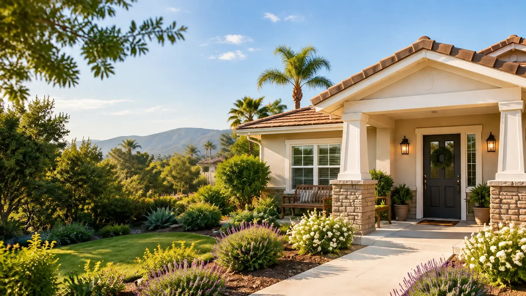Welcoming California residential care home with a landscaped front garden